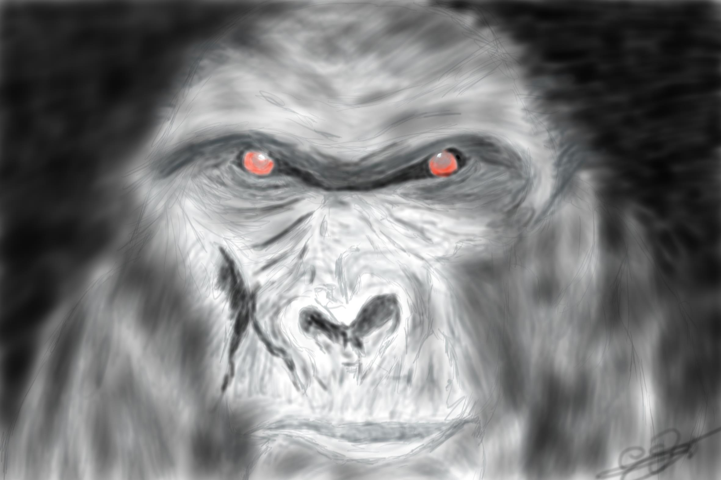 Ilustración digital de un primer plano extremo del rostro de un gorila gris con ojos rojos brillantes