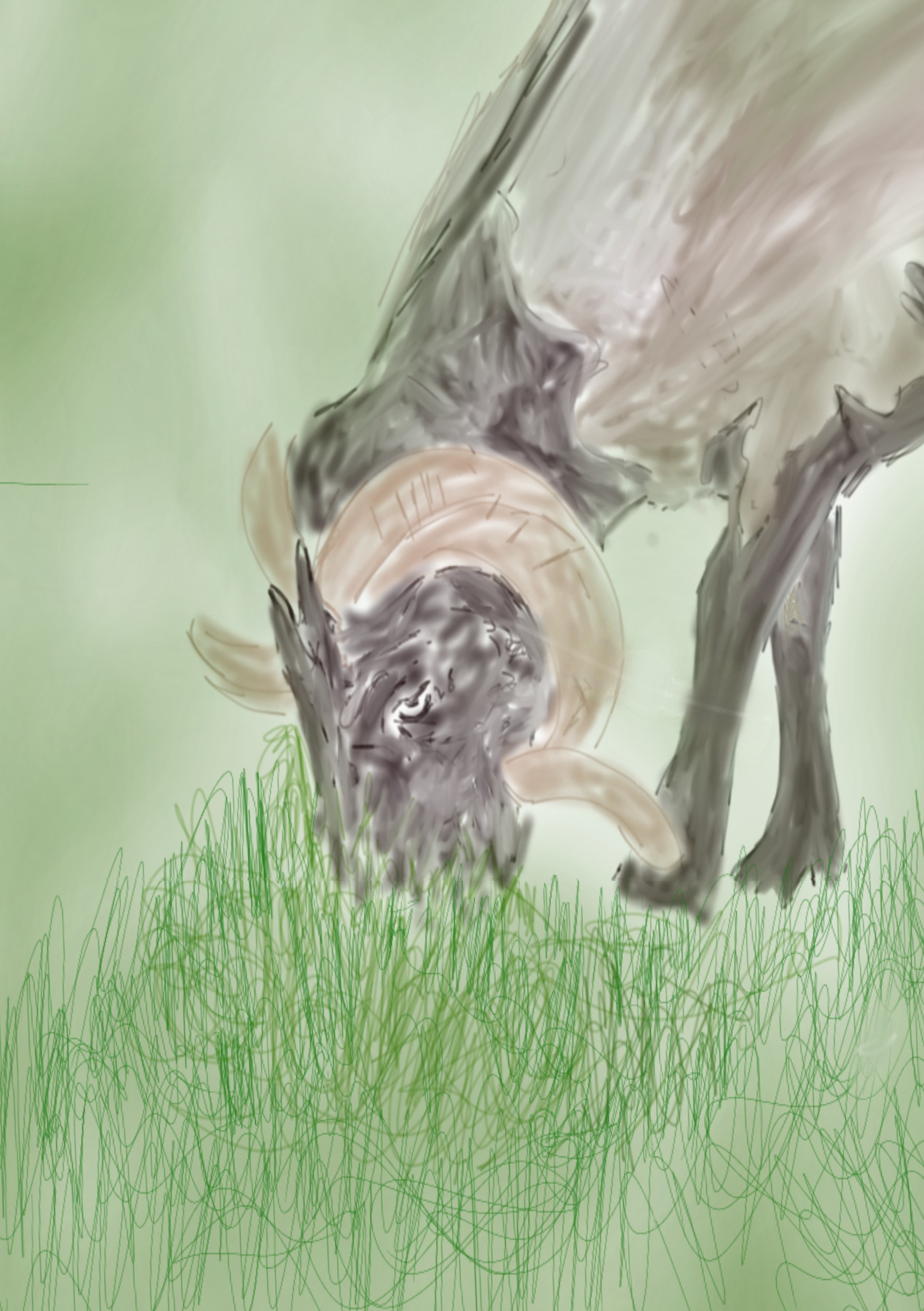 Pintura digital de un carnero pastando en primer plano