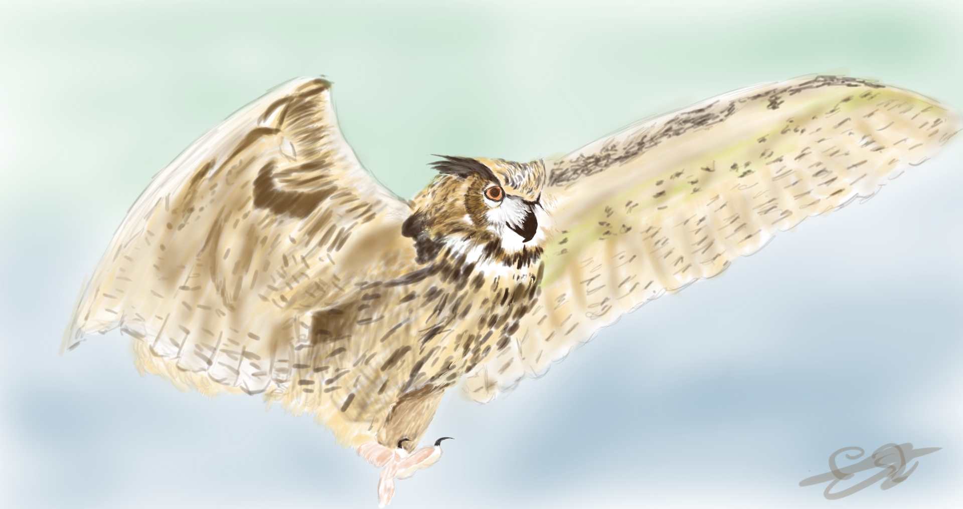 Pintura digital de un búho con las alas extendidas sobre un fondo de tonos suaves