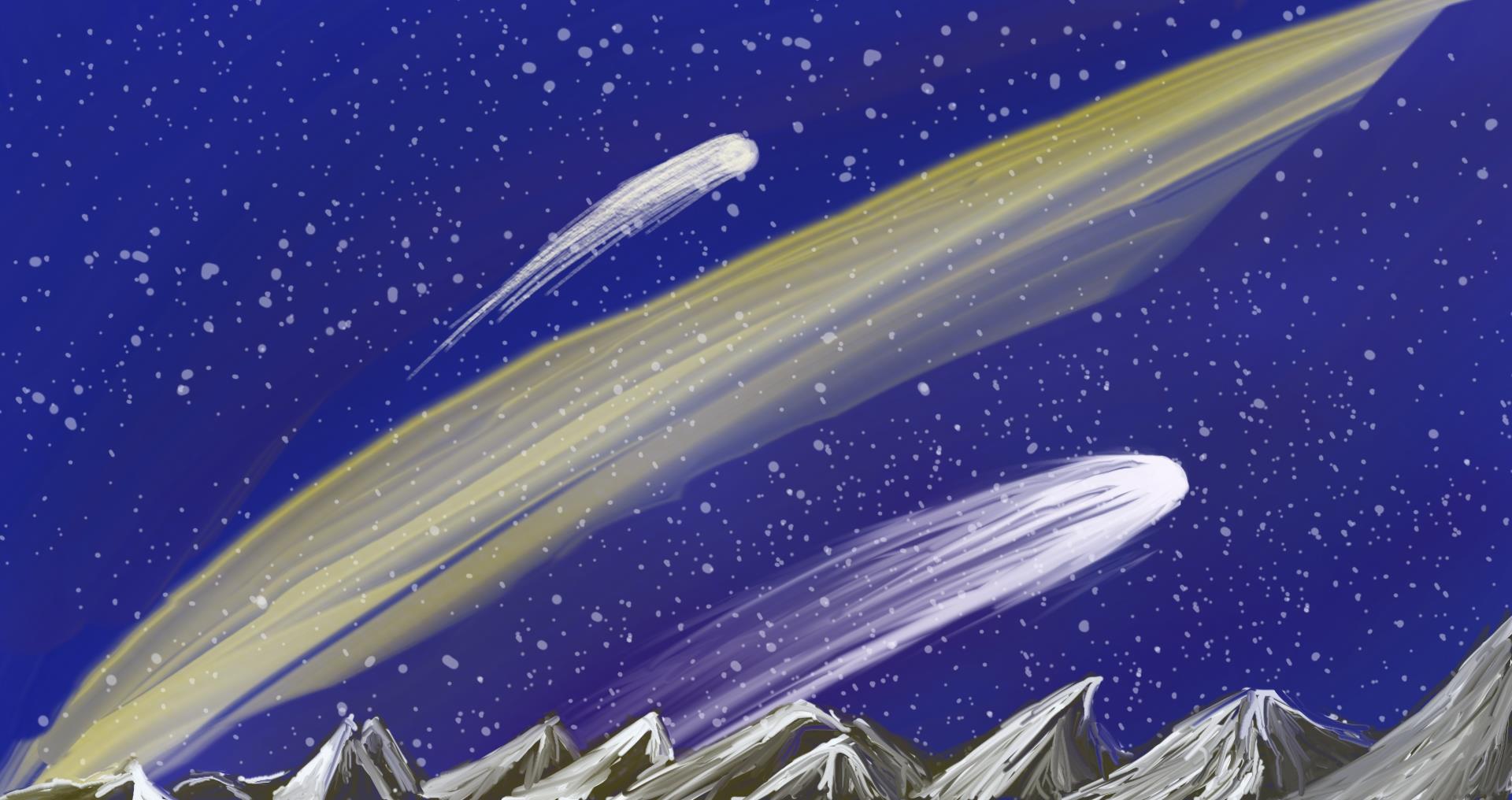 Ilustración digital de cometas cruzando un cielo azul profundo sobre montañas nevadas