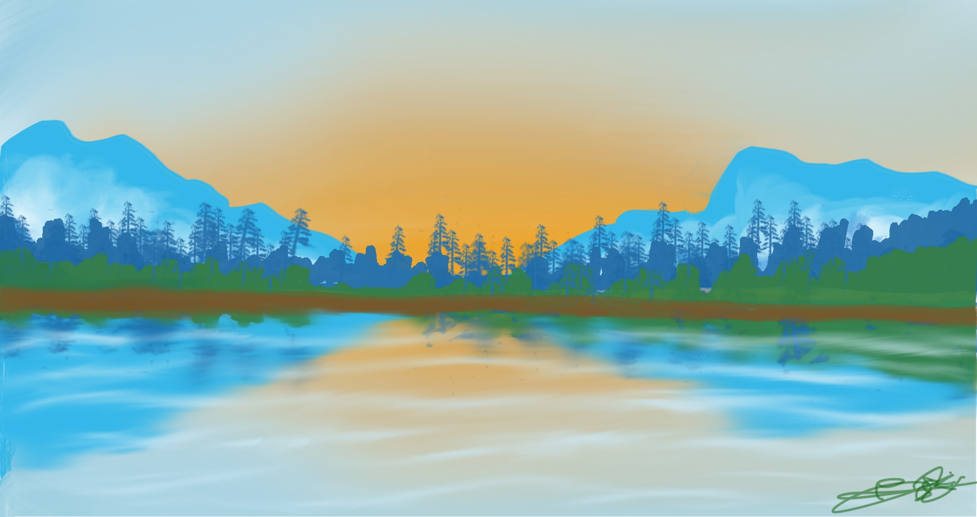 Ilustración digital de un atardecer sobre un lago con siluetas de pinos y montañas azules
