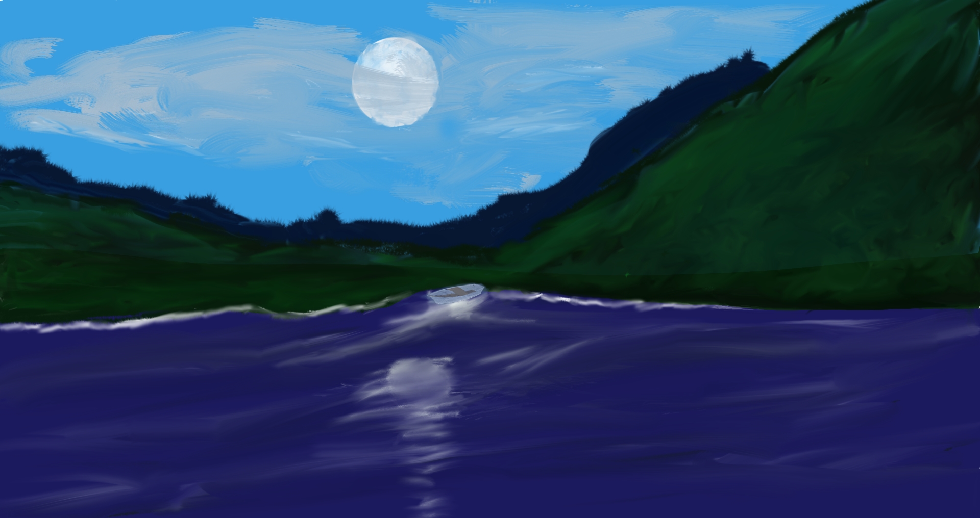Ilustración digital de un lago nocturno bajo la luna llena flanqueado por colinas oscuras