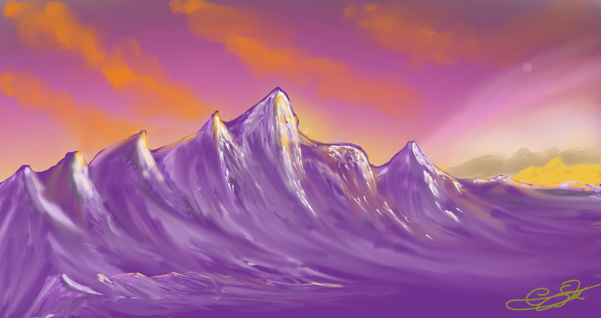 Ilustración digital de montañas violetas bajo un cielo anaranjado y purpúreo