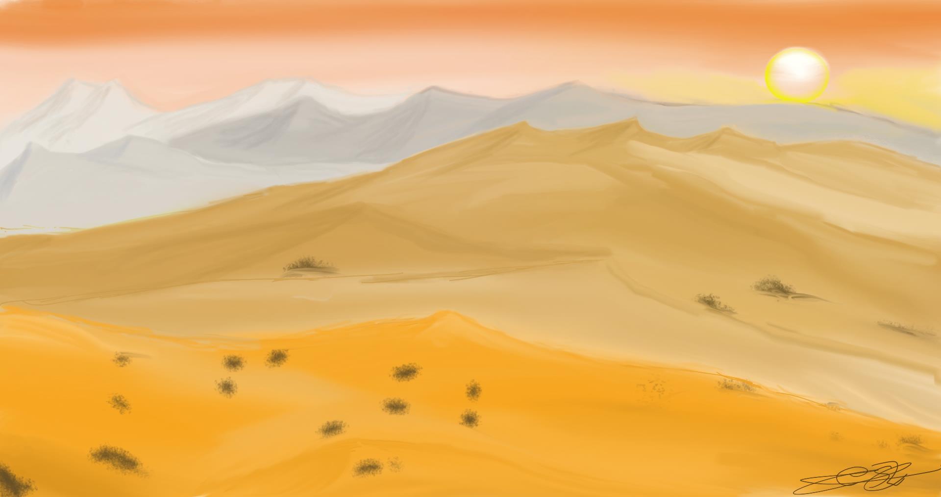 Ilustración digital de dunas de arena naranja bajo un cielo de atardecer y montañas claras al fondo