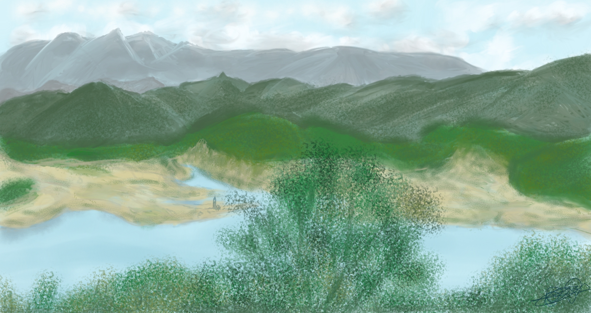 Ilustración digital de un valle verde con un lago y una pequeña torre al fondo bajo montañas grises