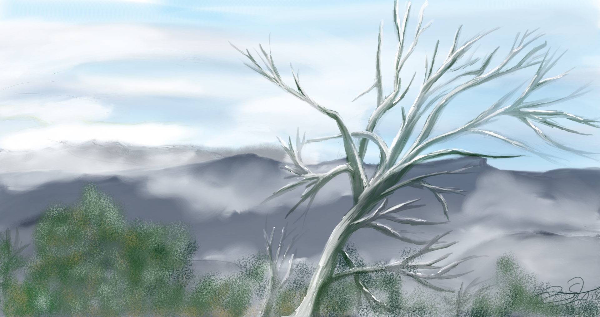 Ilustración digital de un árbol blanco sin hojas frente a un paisaje montañoso brumoso