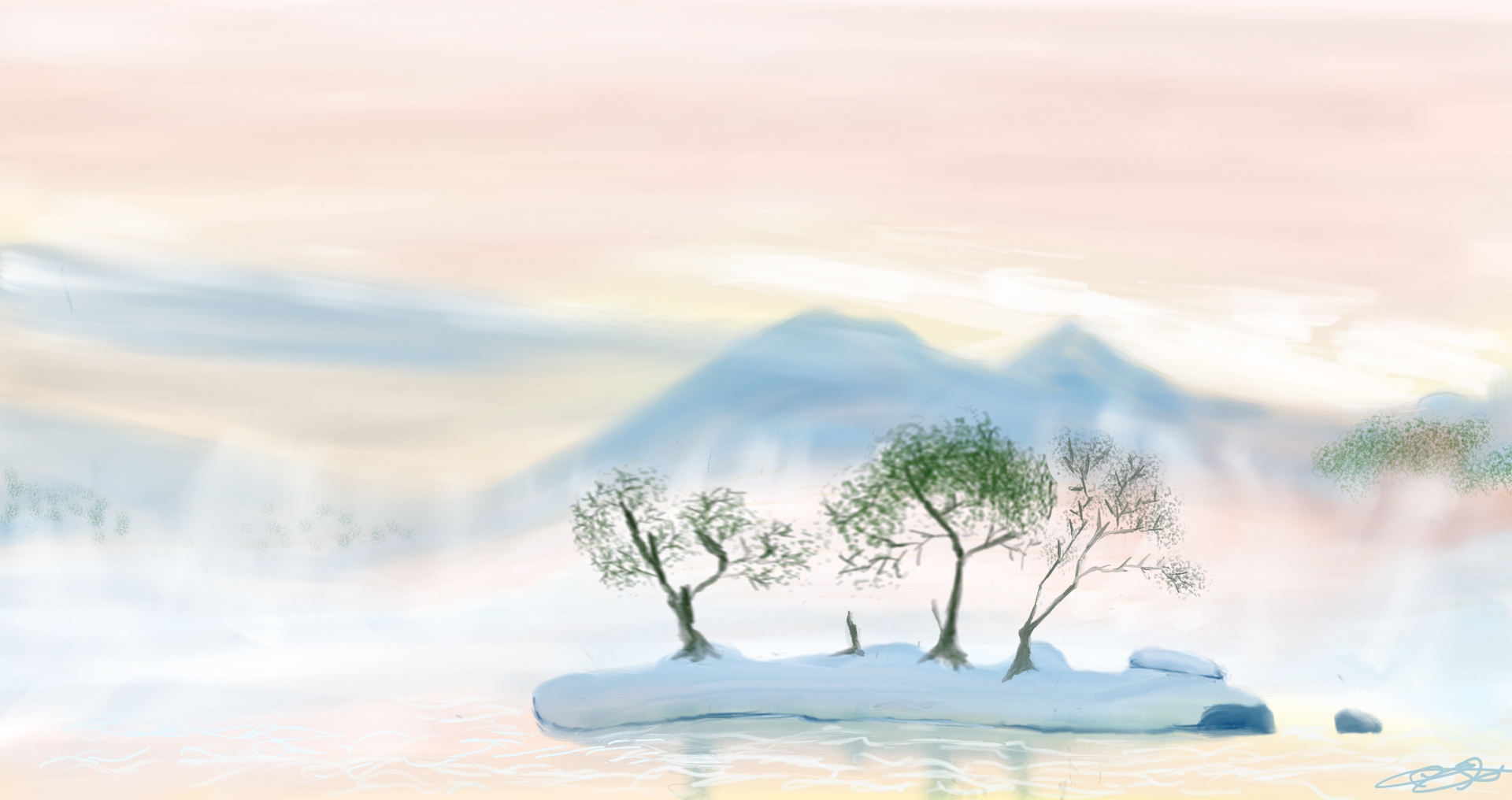 Ilustración digital de un pequeño islote nevado con árboles en un lago brumoso bajo un cielo rosado