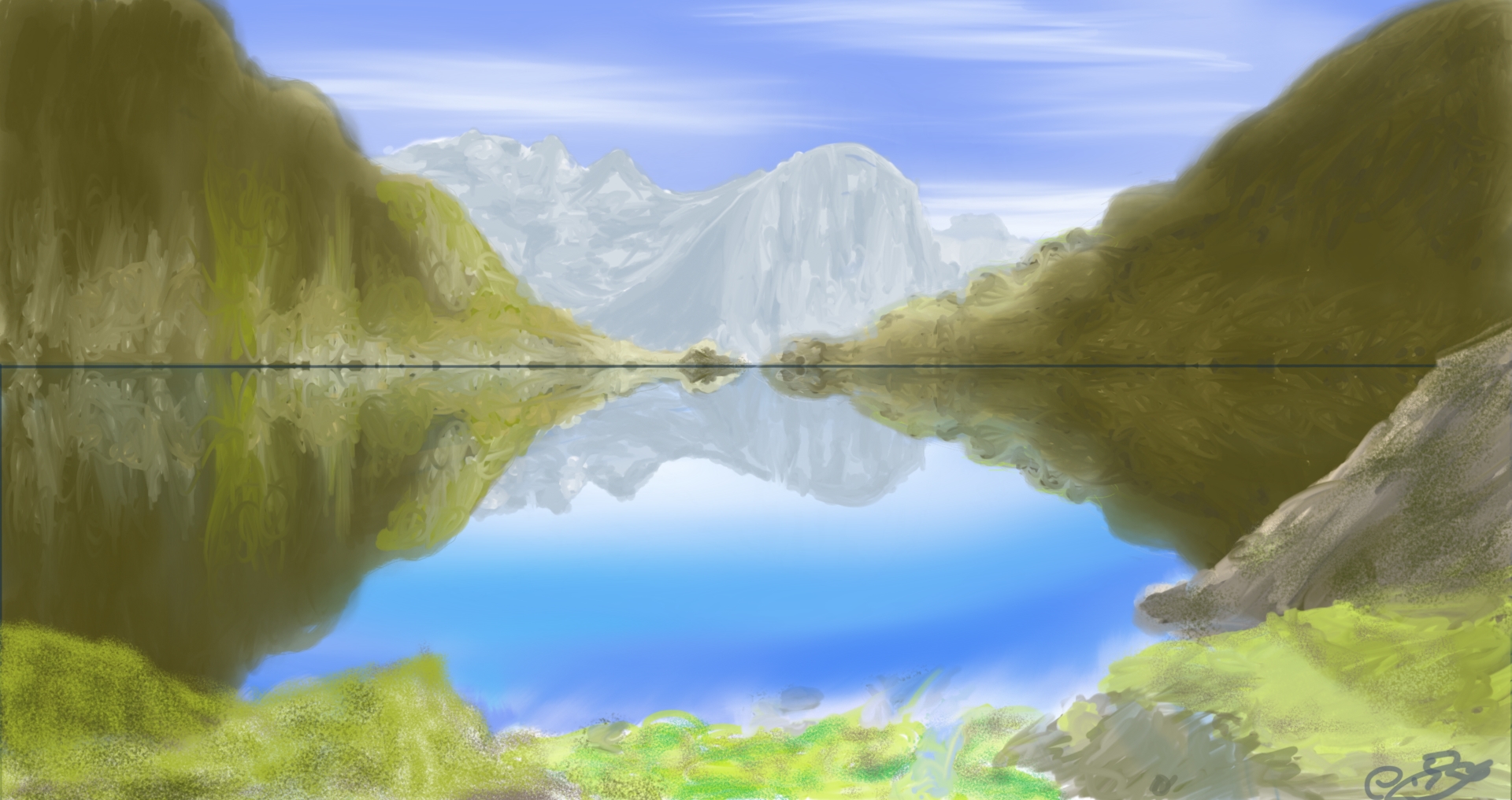 Ilustración digital de un lago cristalino reflejando montañas verdes y picos nevados bajo un cielo azul