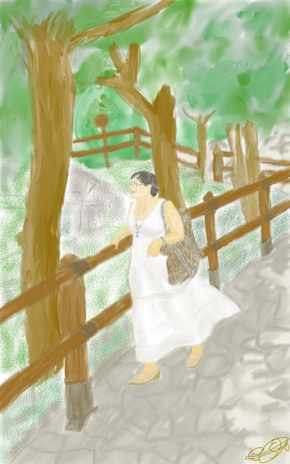 Ilustración digital de una mujer con vestido blanco caminando por un sendero arbolado con vallas de madera