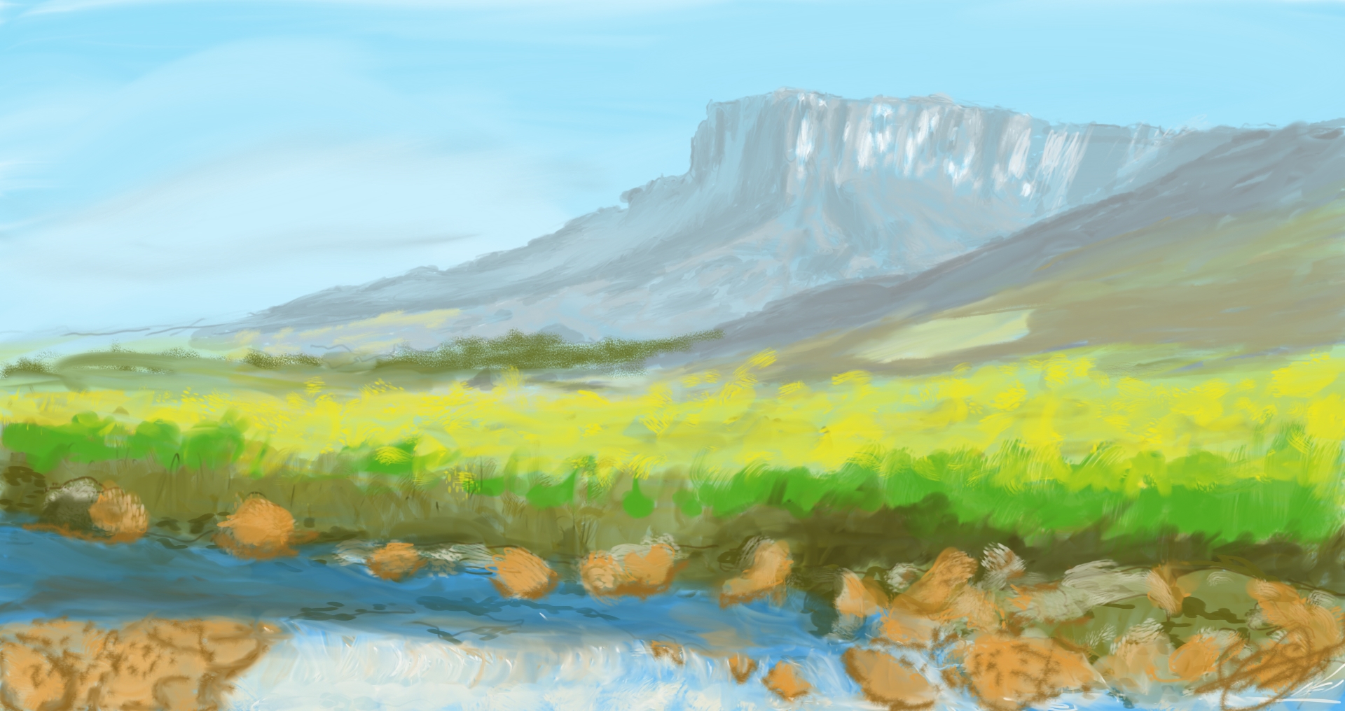 Ilustración digital de un río con rocas en primer plano, una pradera amarilla y una gran montaña al fondo