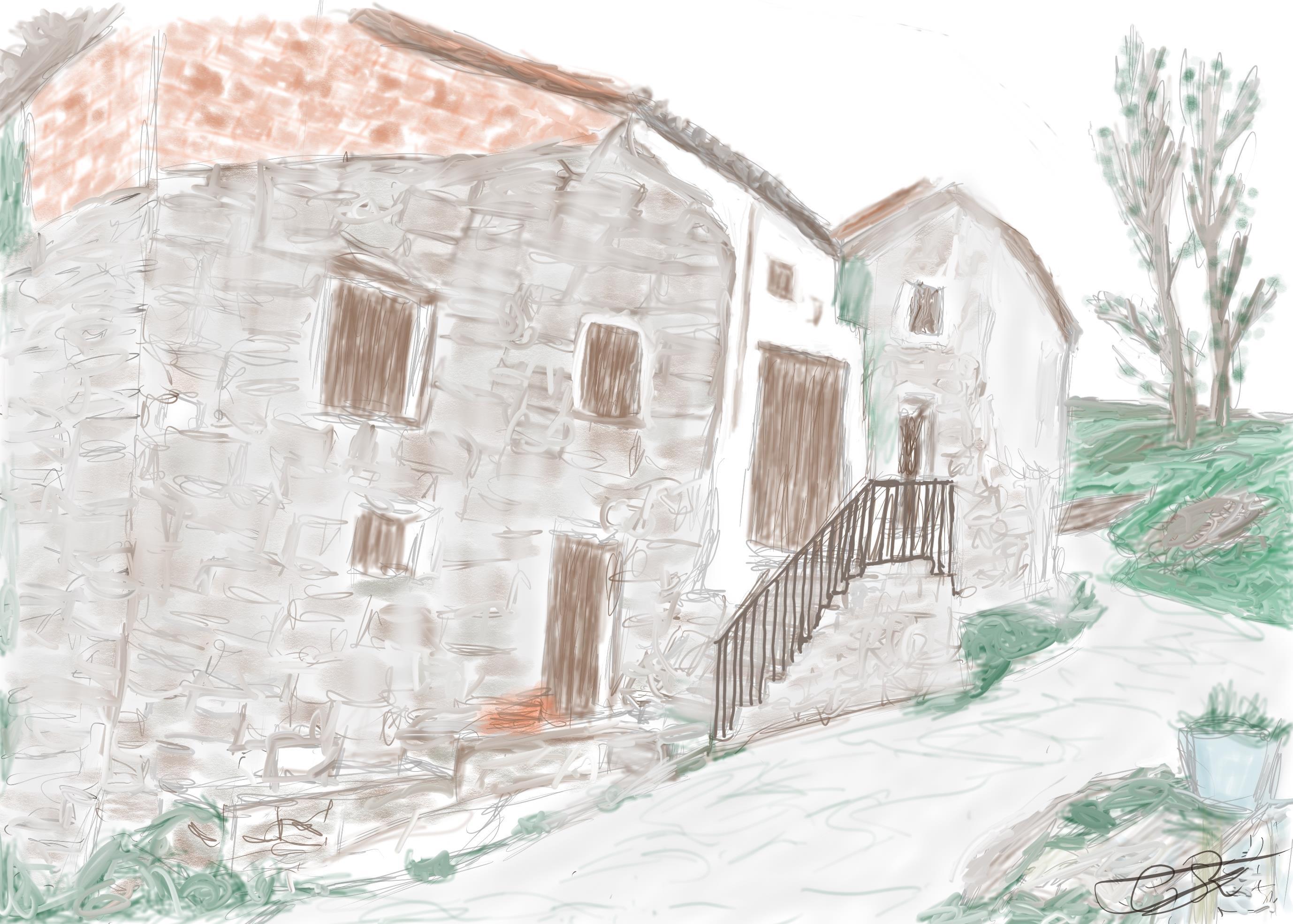 Dibujo digital de una casa antigua de piedra con un camino y árboles al fondo