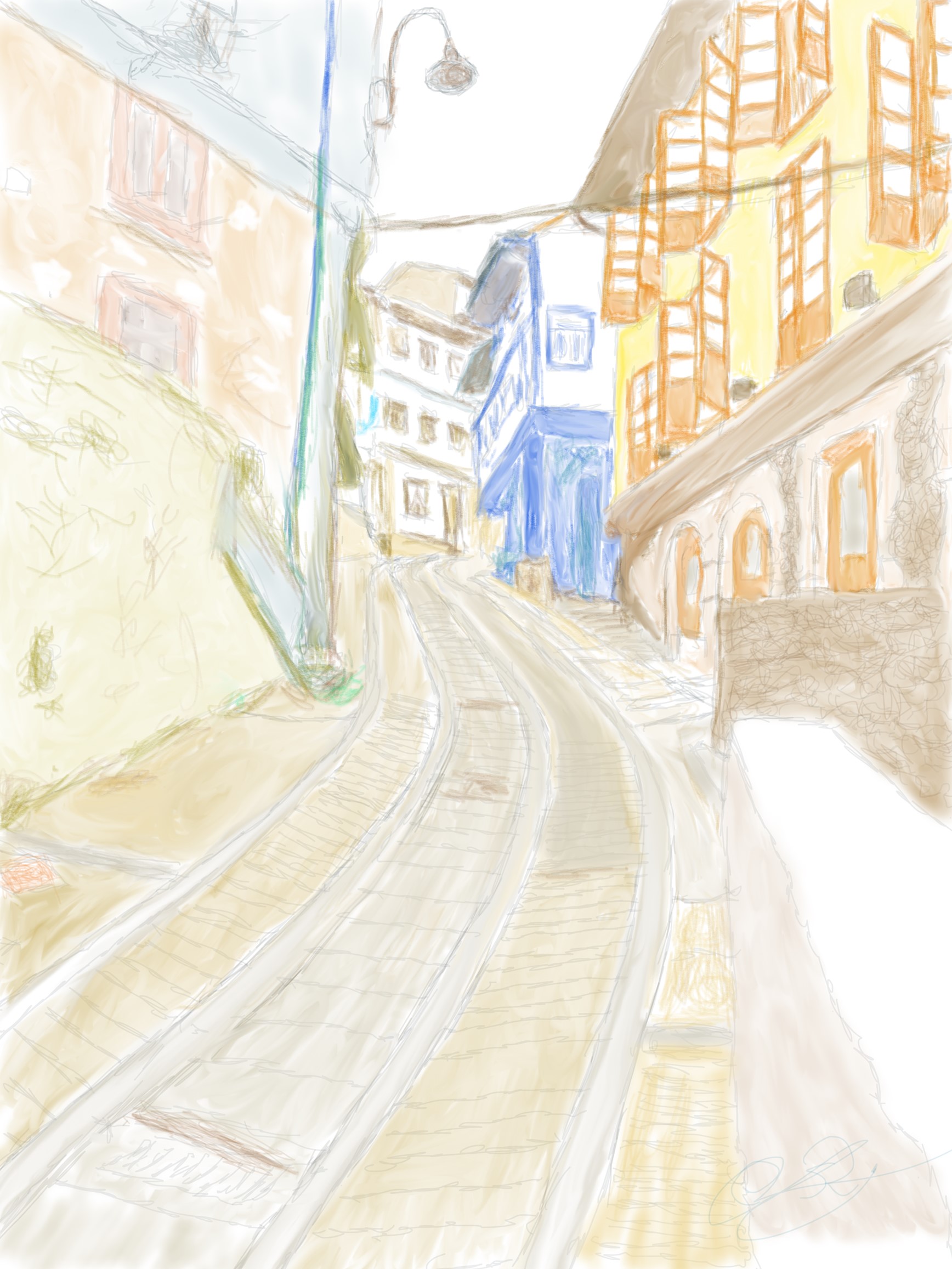 Dibujo digital de una calle empinada y curva en Cudillero con fachadas de colores
