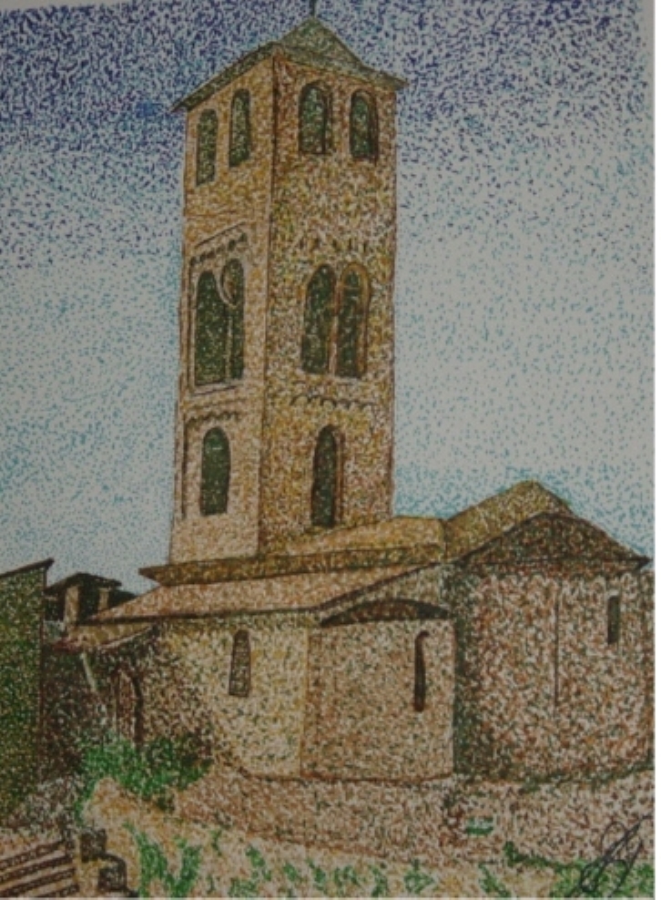 Dibujo puntillista de una iglesia románica con una torre alta y cielo estrellado o moteado