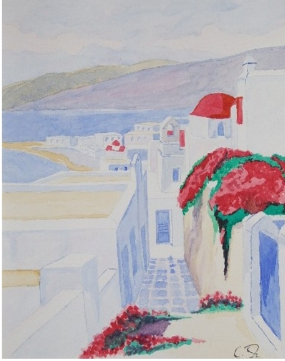 Acuarela de un pueblo costero blanco con cúpulas rojas y mar azul