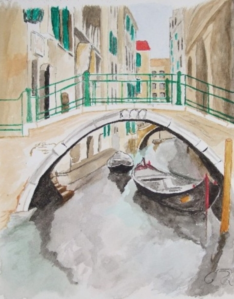 Acuarela de un canal de Venecia con un puente, góndolas y edificios laterales