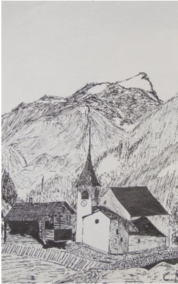 Dibujo a tinta de una iglesia alpina frente a montañas escarpadas
