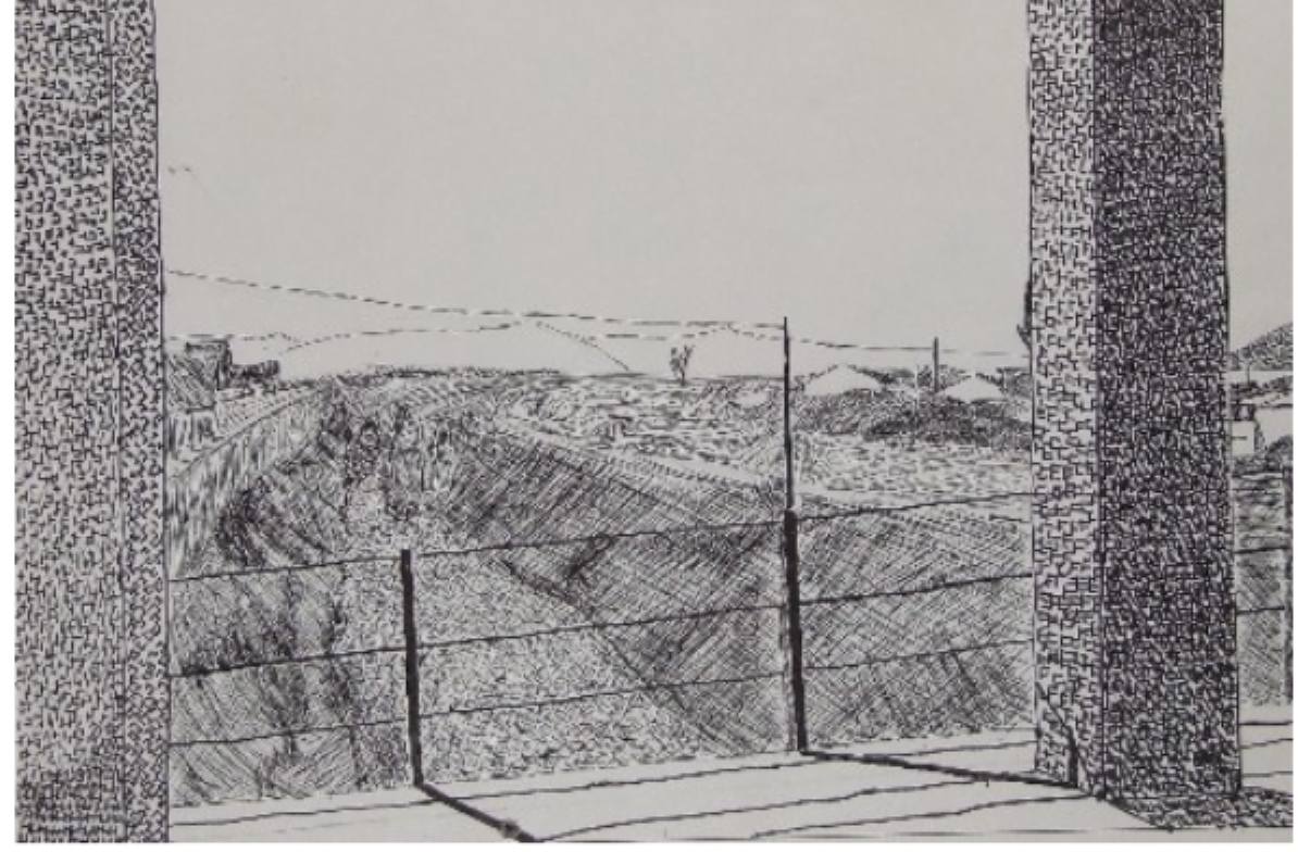 Dibujo a tinta del Río Segura en Beniel visto desde una terraza