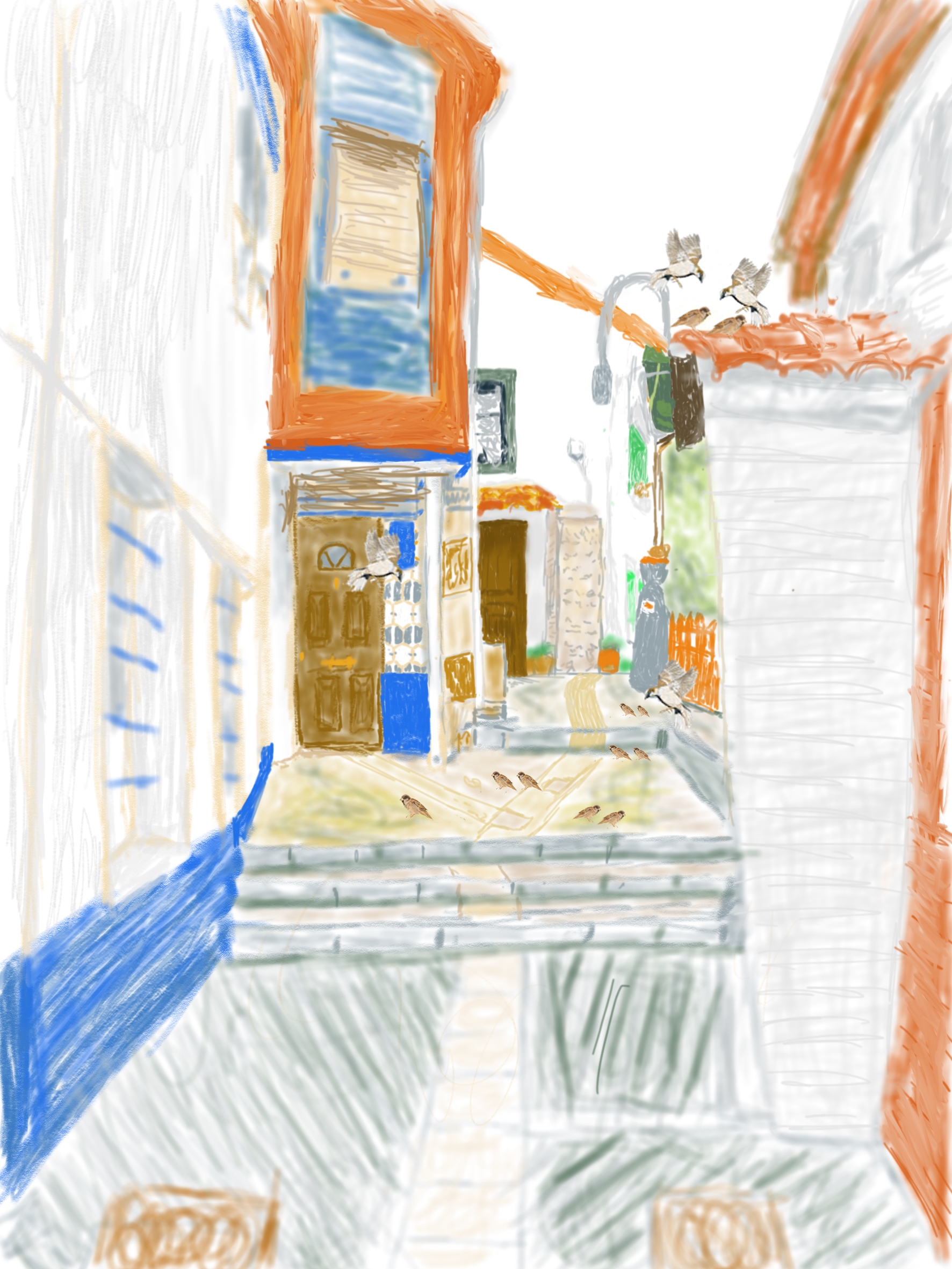 Dibujo a color de Cudillero con aves