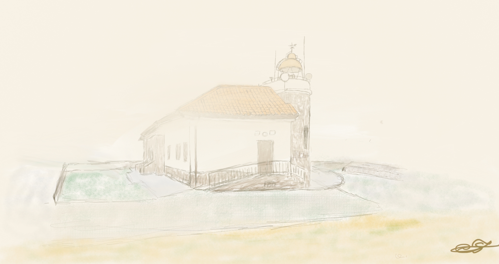 Dibujo a la acuarela del Faro de Cabo de Peñas en Asturias