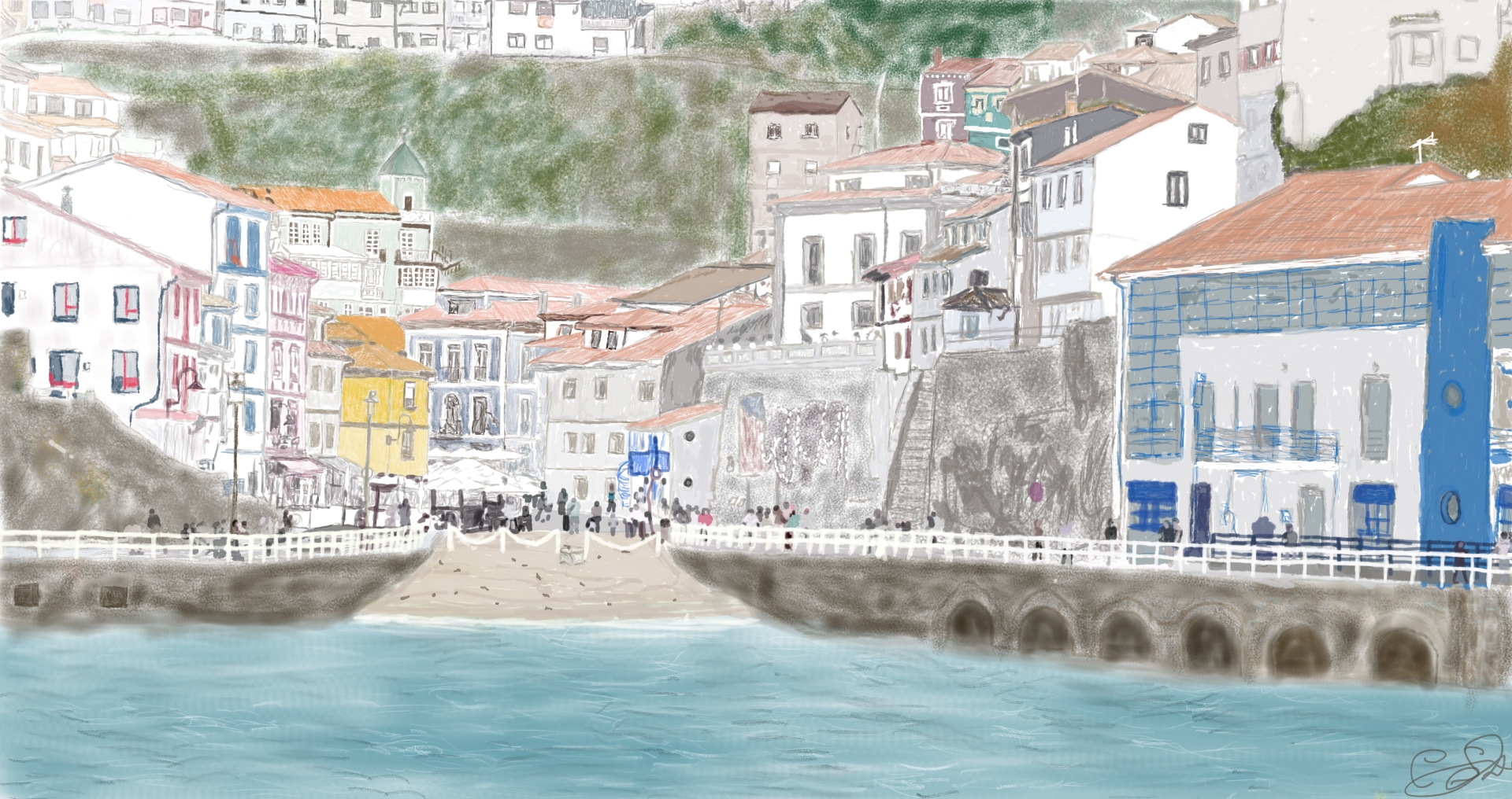 Dibujo panorámico de Cudillero desde el puerto