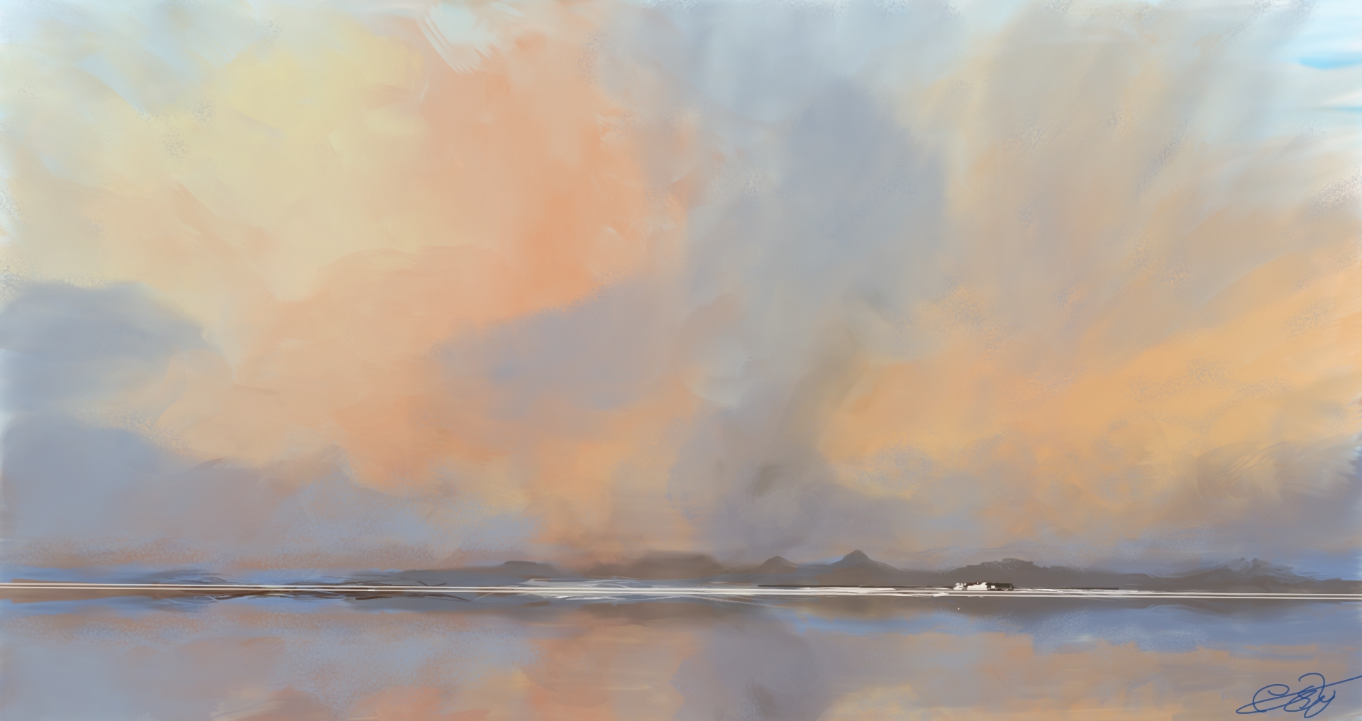 Dibujo atmosférico de un atardecer sobre el mar