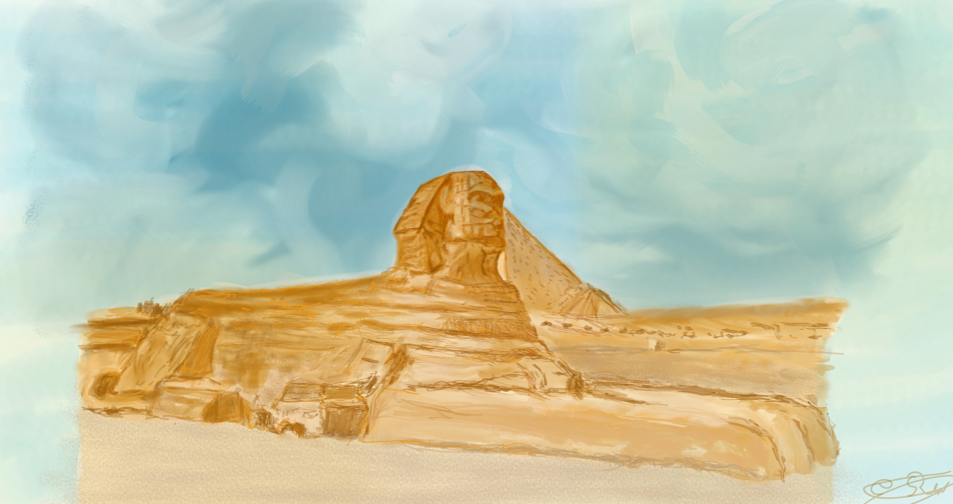 Dibujo pictórico de la Gran Esfinge de Giza y las pirámides