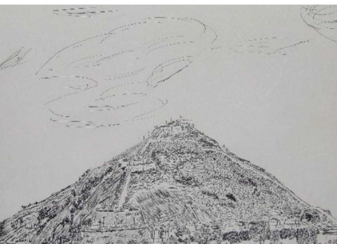 Dibujo a tinta de una montaña fortificada con murallas de defensa en sus laderas