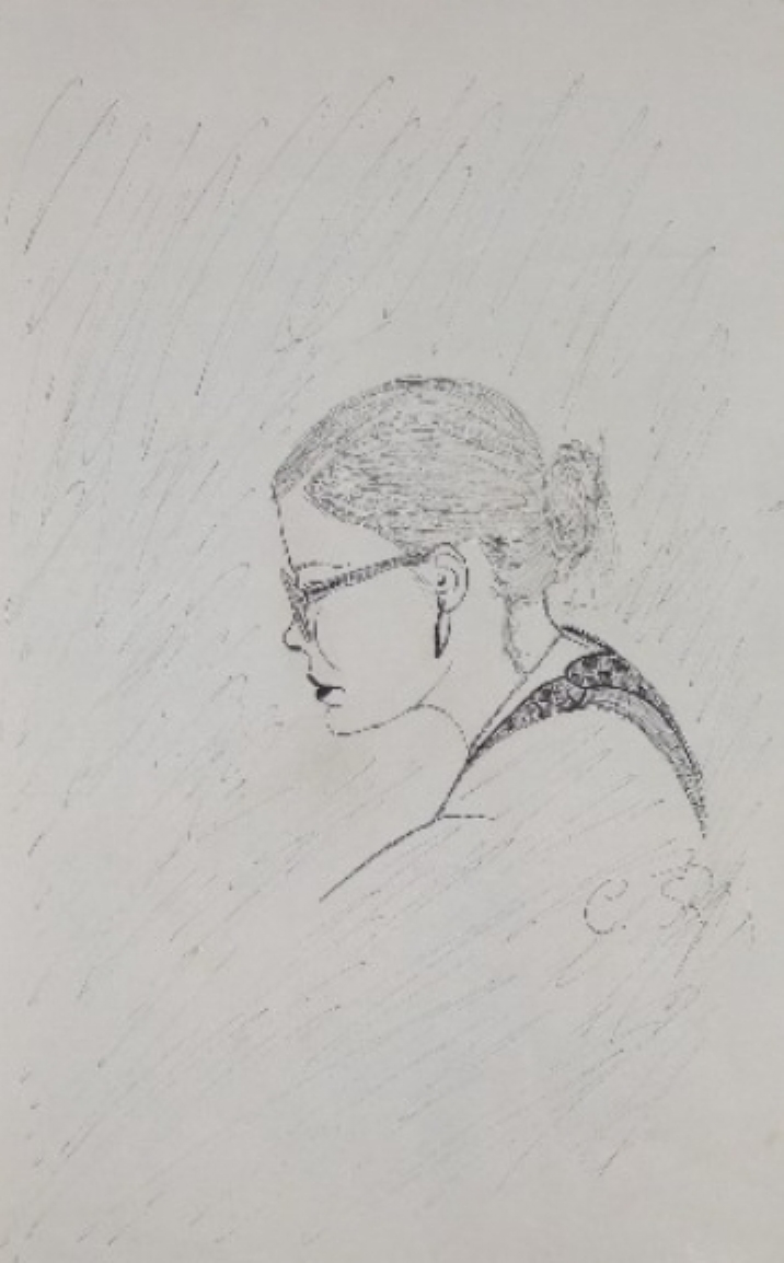 Delicado retrato a lápiz en grafito de mi novia en perfil