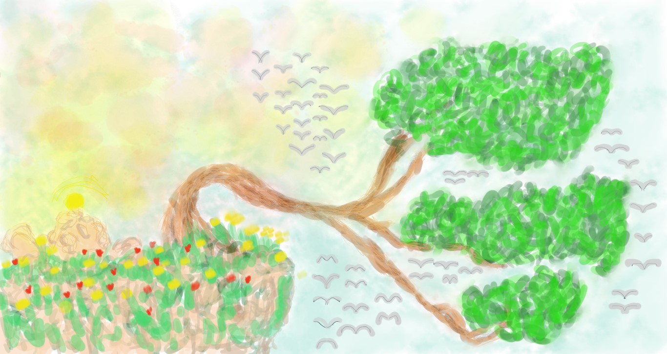 El Vuelo del Horizonte - Paisaje con árbol inclinado y bandada de aves