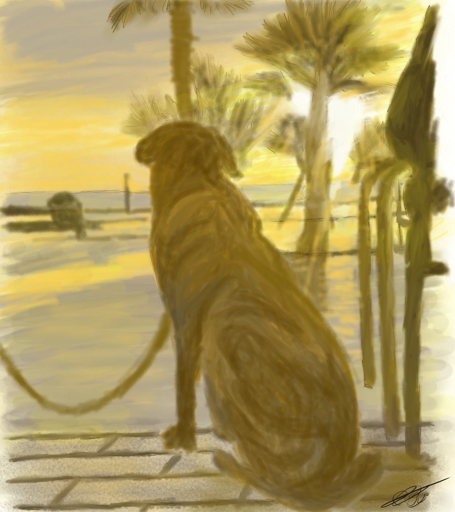 Pintura digital de Taz, un perro contemplando el amanecer en la playa