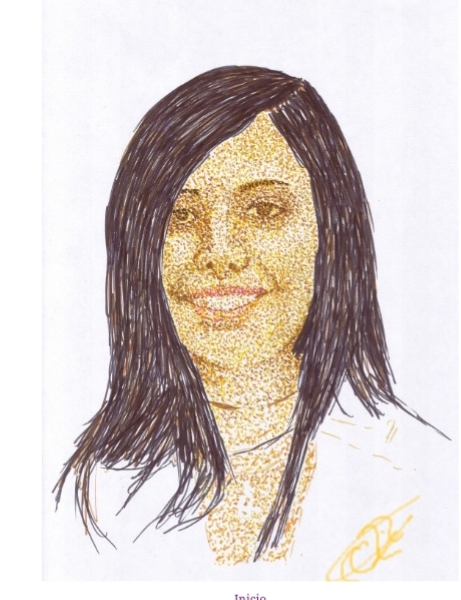 Delicado retrato digital de Elena Lomismo, con cabello oscuro y expresión serena